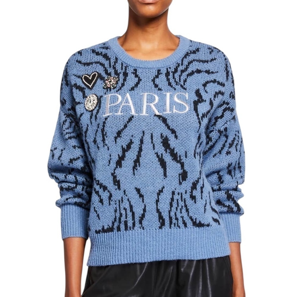 Cinq à Sept Paris Rhinestone Applique Wool Animal Patterned Sweater
